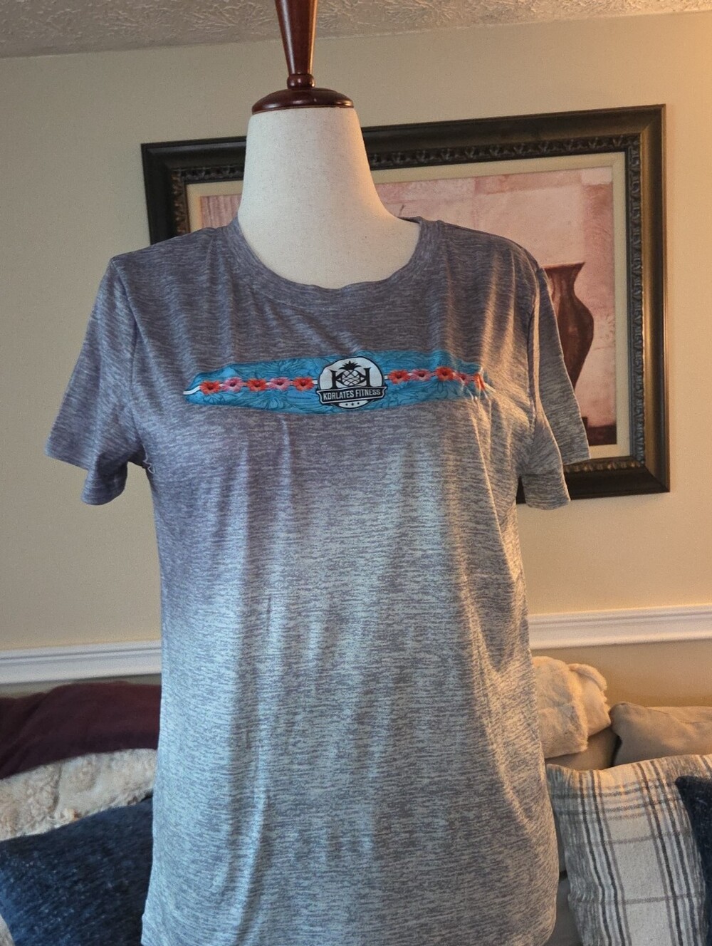 Gray Heather Graphic Tee with Blue & Coral Detail